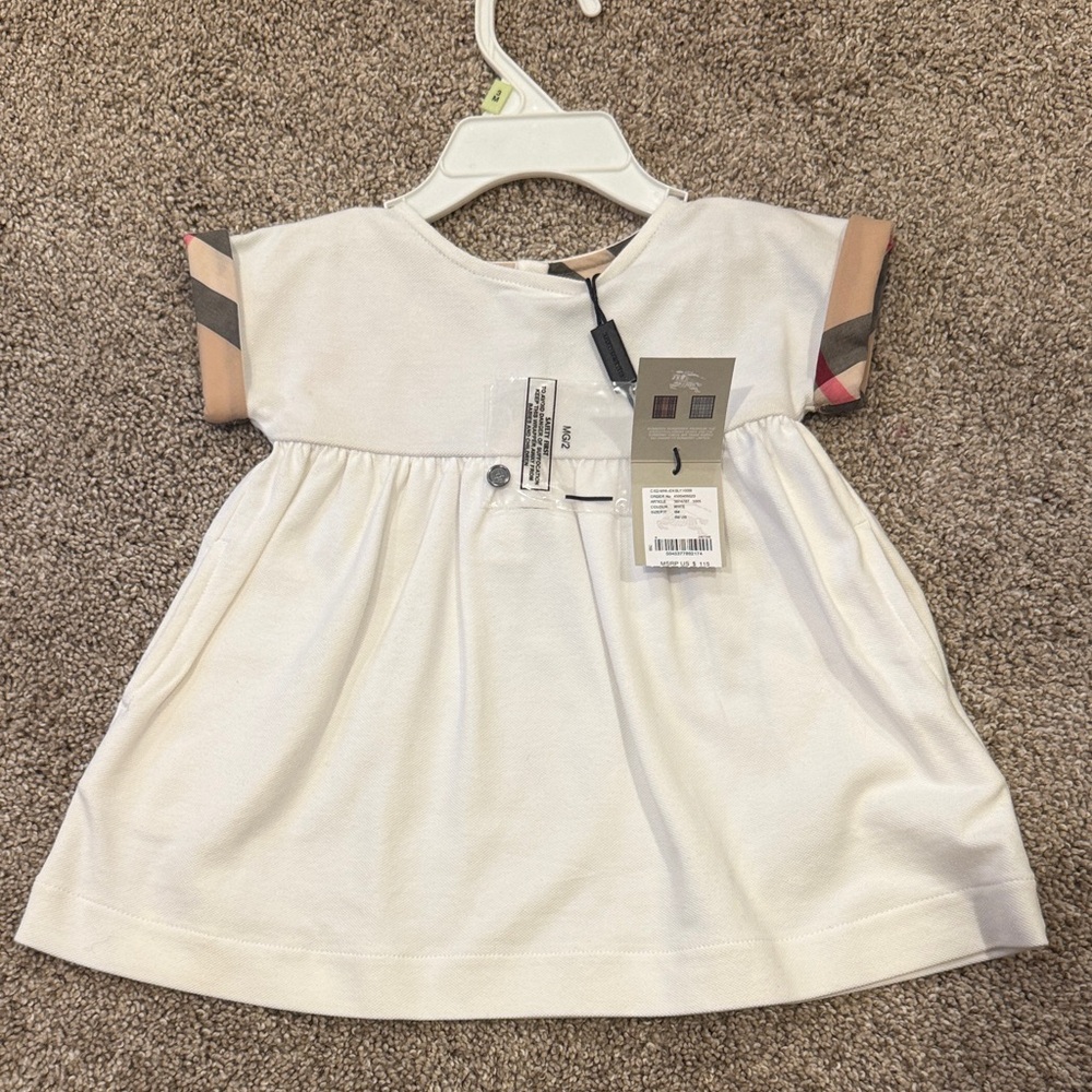 Burberry White Baby Dress with Signature Check Sleeve Trim